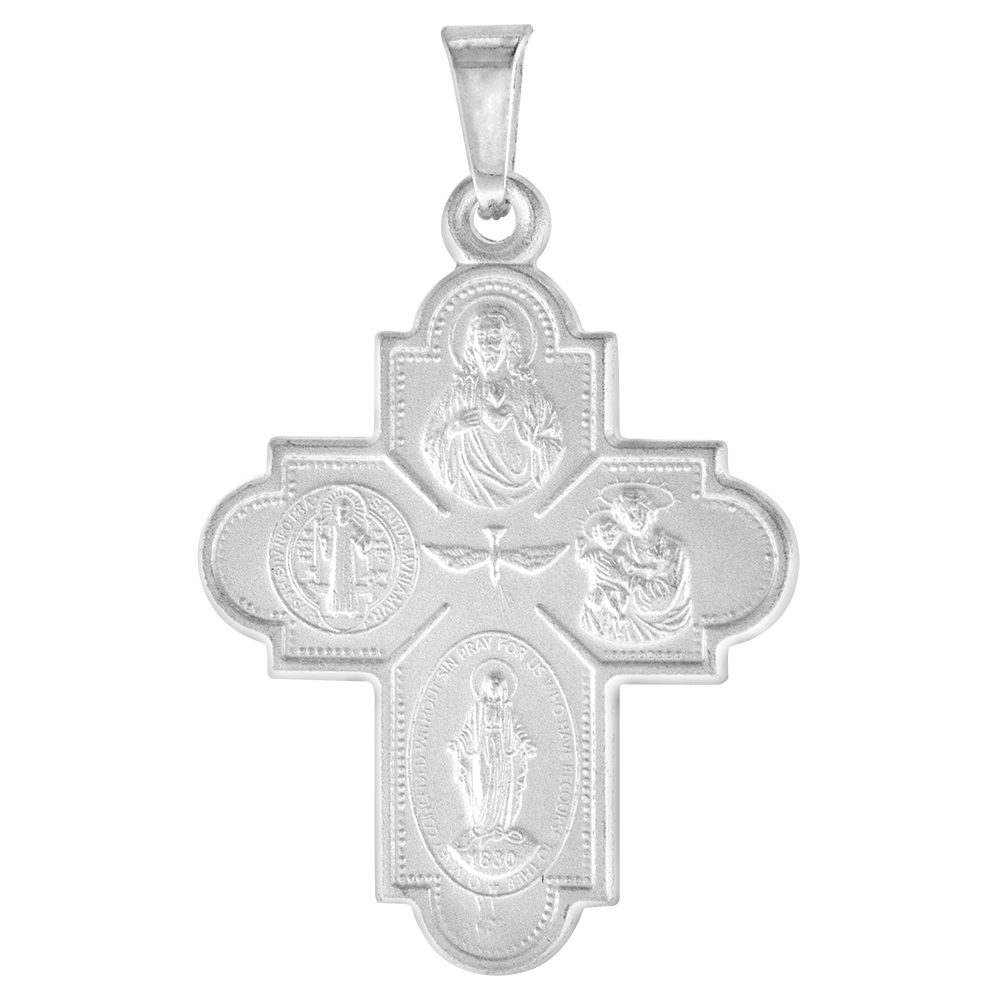 1 1/4 INCH STERLING SILVER 4-WAY CROSS MEDAL CRUCIFORM PENDANT FOR MEN & WOMEN NICKEL FREE ITALY WITH STAINLESS STEEL CHAIN