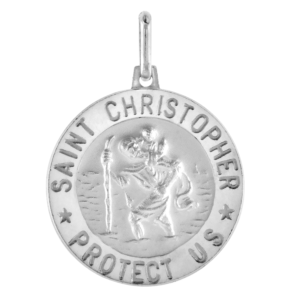 LARGE 1 INCH STERLING SILVER ST CHRISTOPHER MEDAL NECKLACE FOR MEN 24MM ROUND NICKEL FREE ITALY