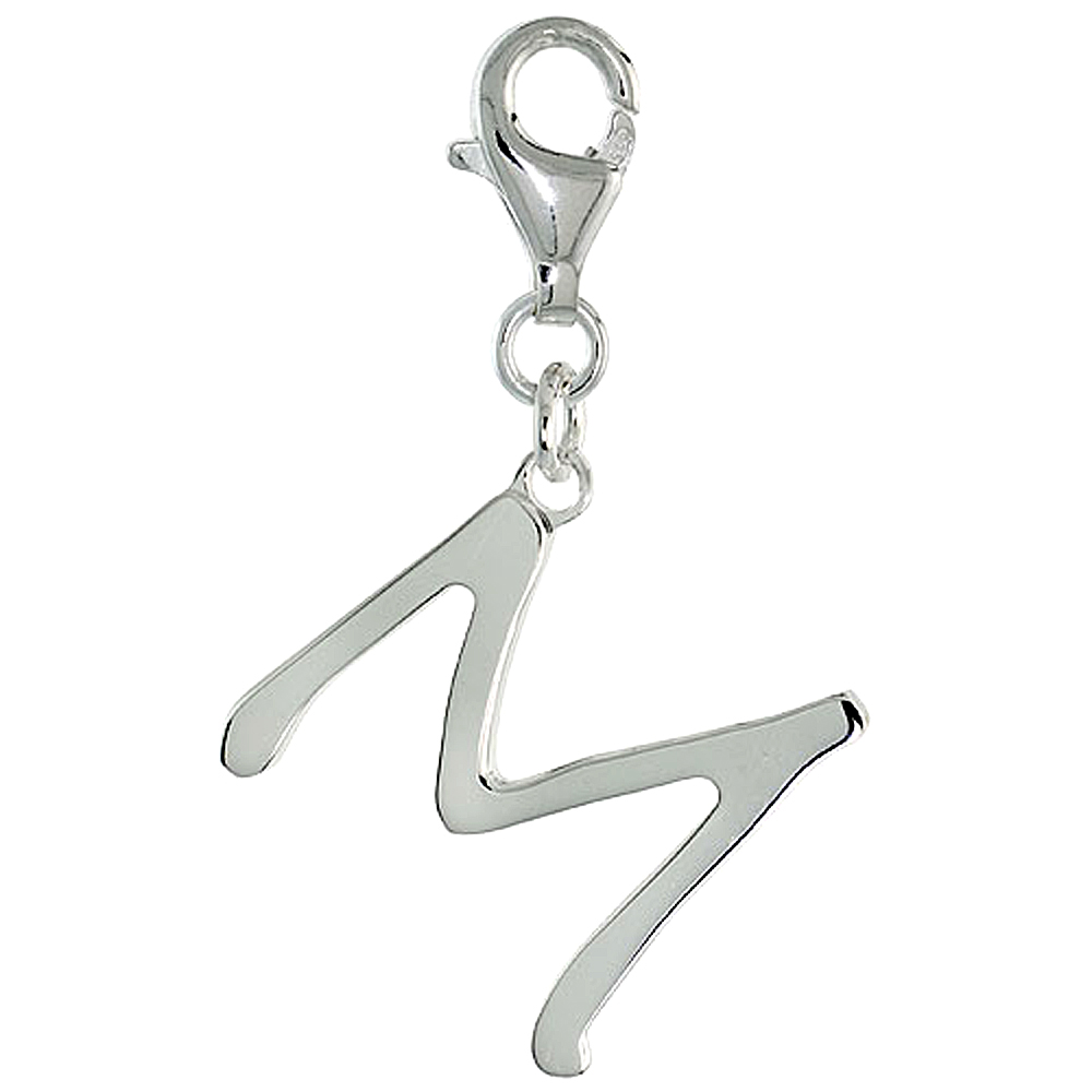 Sterling Silver Alphabet Pendant Block Initial M Charm with Lobster Clasp Polished finish Women Italy 7/8 inch