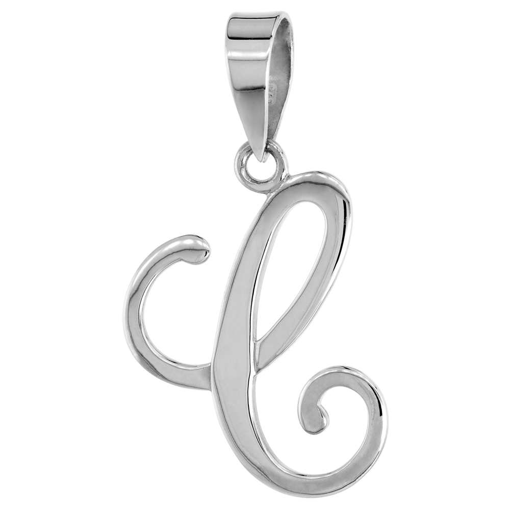 Sterling Silver Script Initial Letter C Alphabet Pendant Flawless Polish 1 1/2 inch high