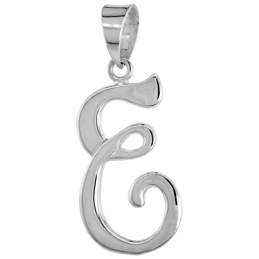 Sterling Silver Script Initial Letter E Alphabet Pendant Flawless Polish 1 1/2 inch high