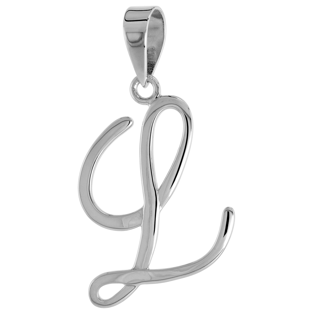 Sterling Silver Script Initial Letter L Alphabet Pendant Flawless Polish 1 1/2 inch high