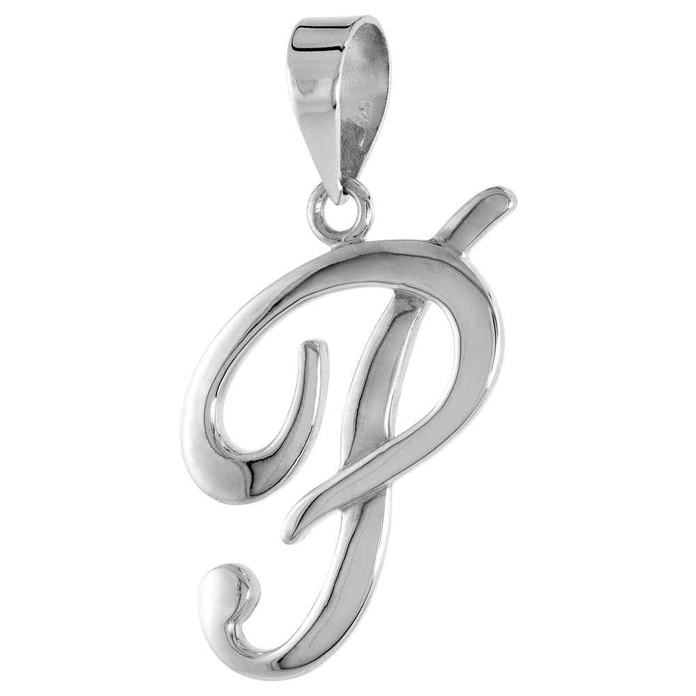 Sterling Silver Script Initial Letter P Alphabet Pendant Flawless Polish 1 1/2 inch high
