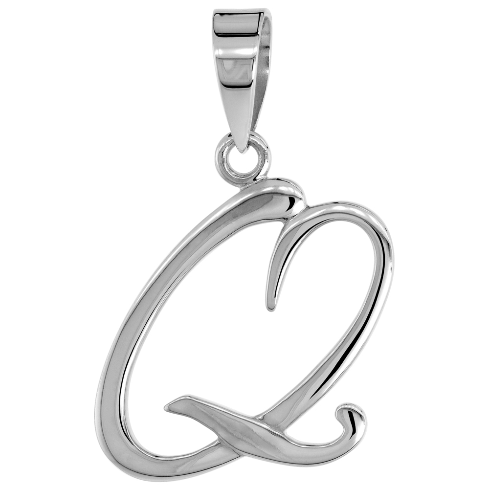 Sterling Silver Script Initial Letter Q Alphabet Pendant Flawless Polish 1 1/2 inch high