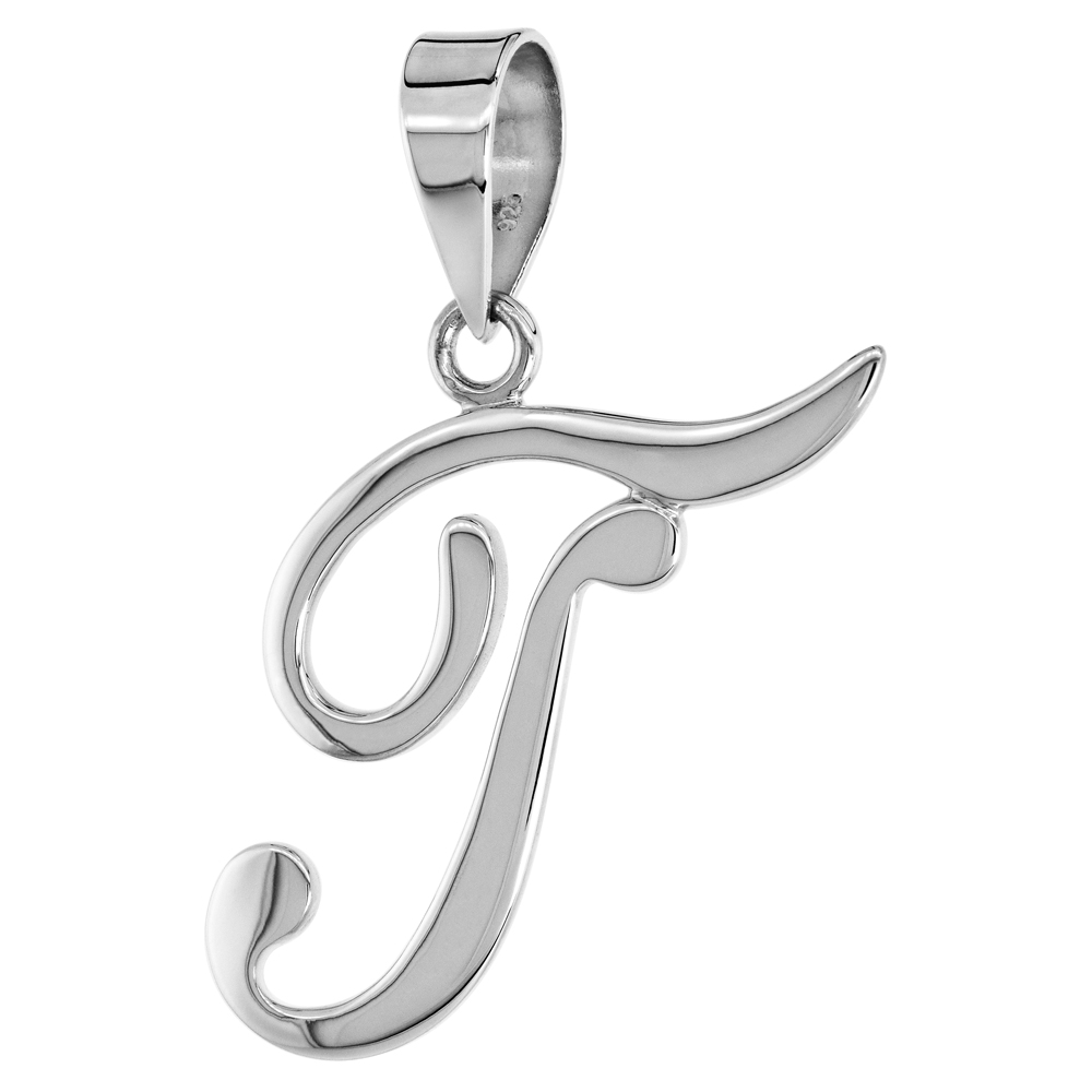 Sterling Silver Script Initial Letter T Alphabet Pendant Flawless Polish 1 1/2 inch high