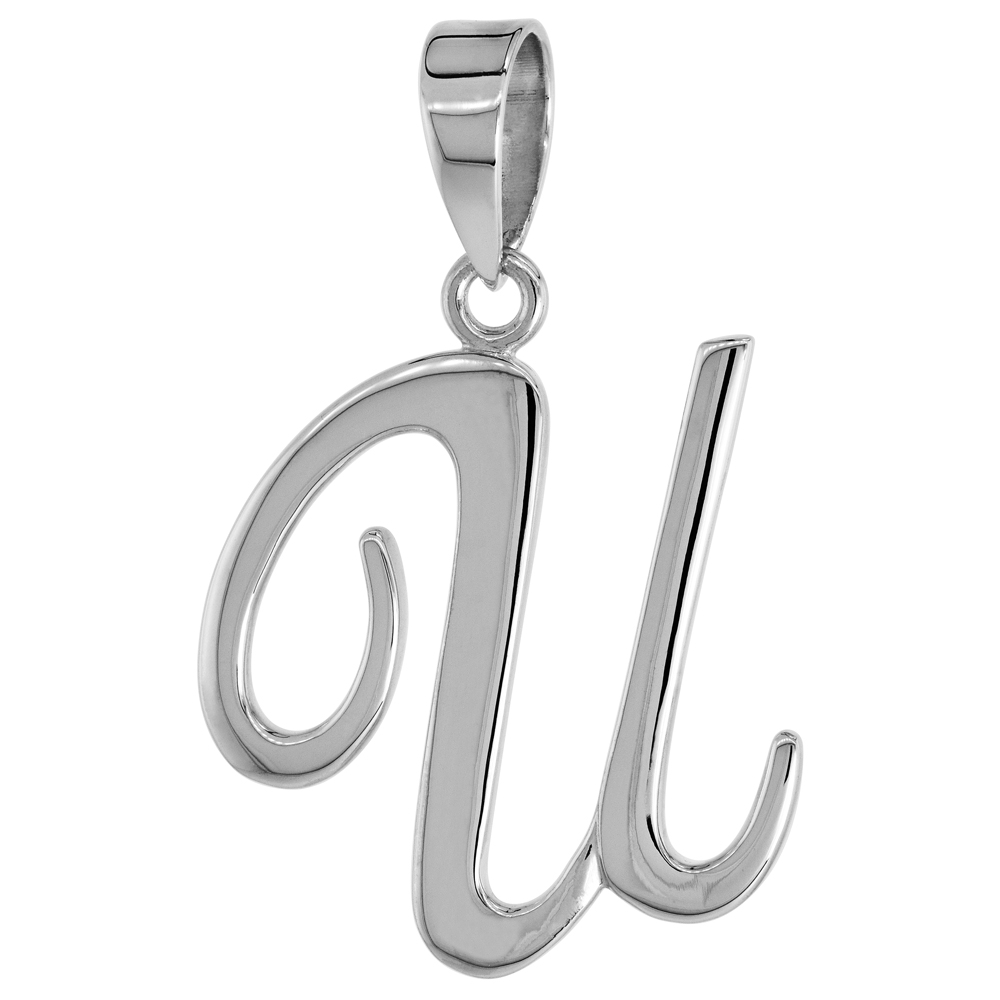 Sterling Silver Script Initial Letter U Alphabet Pendant Flawless Polish 1 1/2 inch high