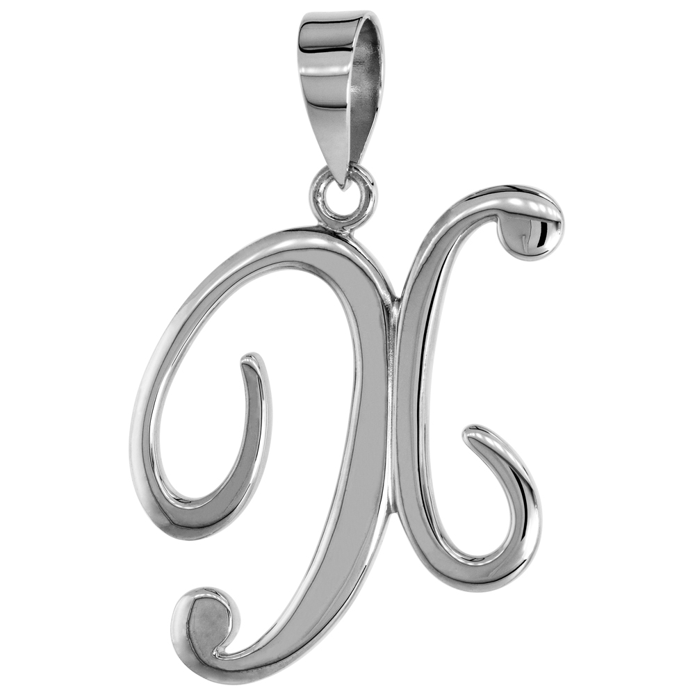 Sterling Silver Script Initial Letter X Alphabet Pendant Flawless Polish 1 1/2 inch high