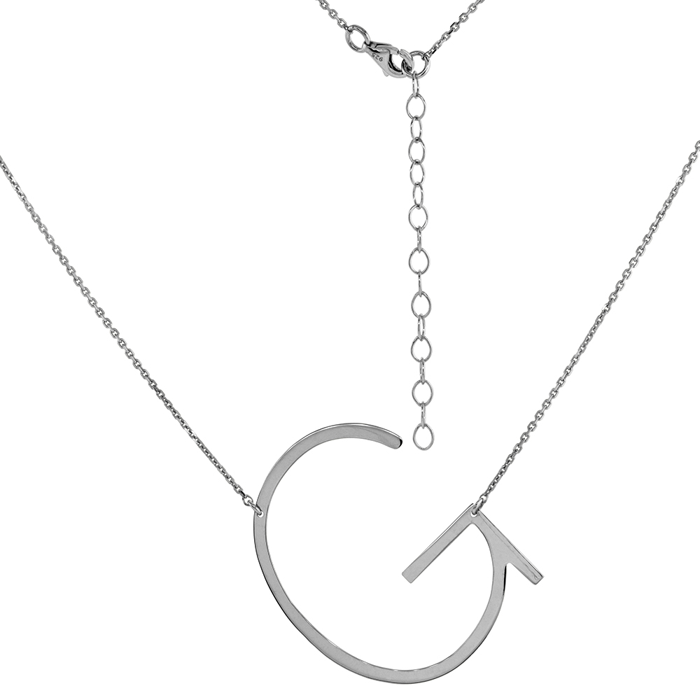 1 1/2 INCH STERLING SILVER SIDEWAYS INITIAL G NECKLACE FOR WOMEN BLOCK LETTER RHODIUM FINISH 18-20 INCH