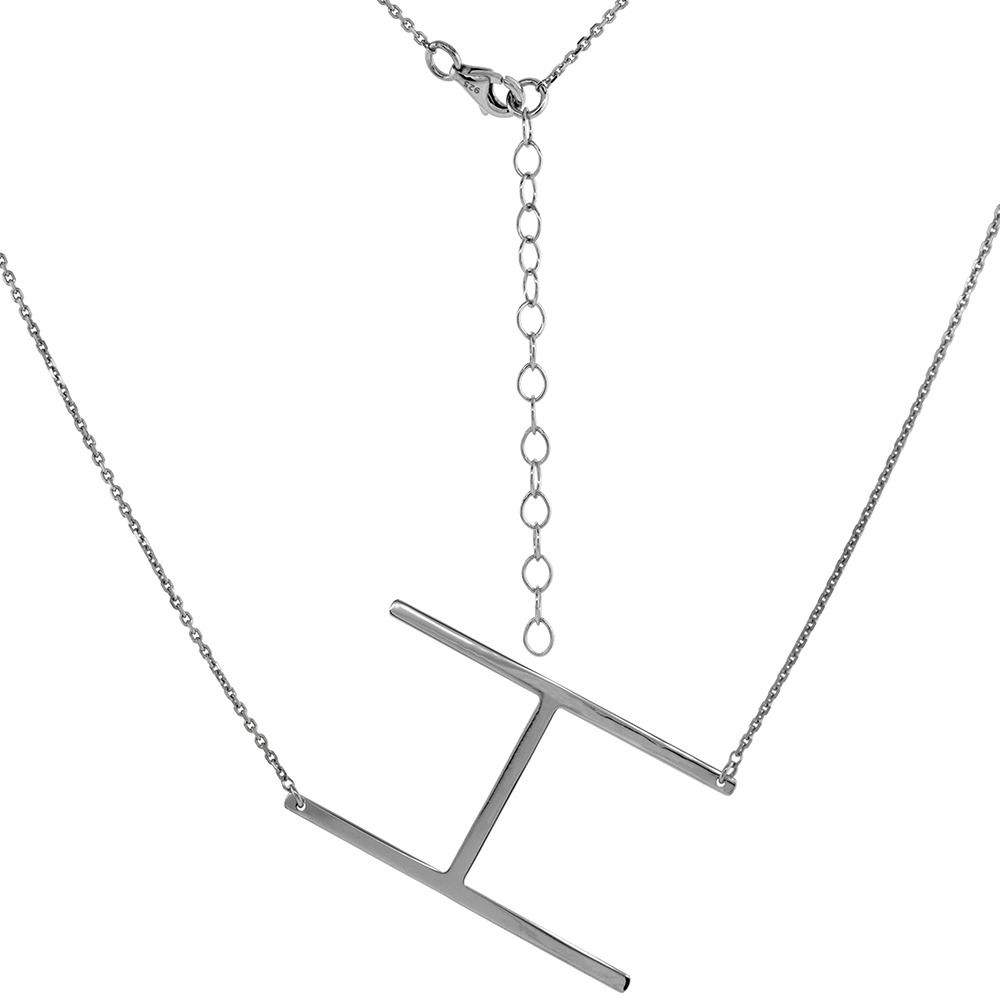 1 1/2 INCH STERLING SILVER SIDEWAYS INITIAL H NECKLACE FOR WOMEN BLOCK LETTER RHODIUM FINISH 18-20 INCH