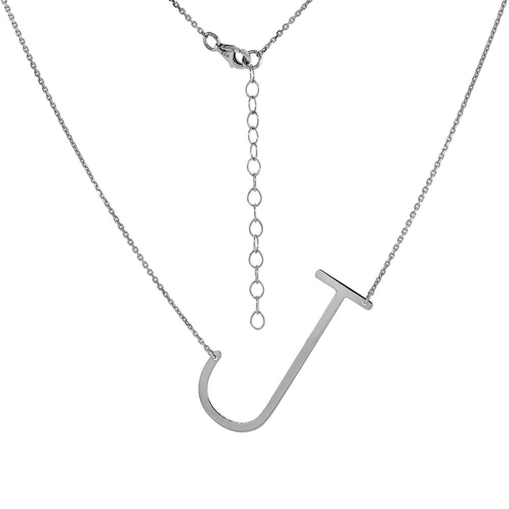 1 1/2 INCH STERLING SILVER SIDEWAYS INITIAL J NECKLACE FOR WOMEN BLOCK LETTER RHODIUM FINISH 18-20 INCH