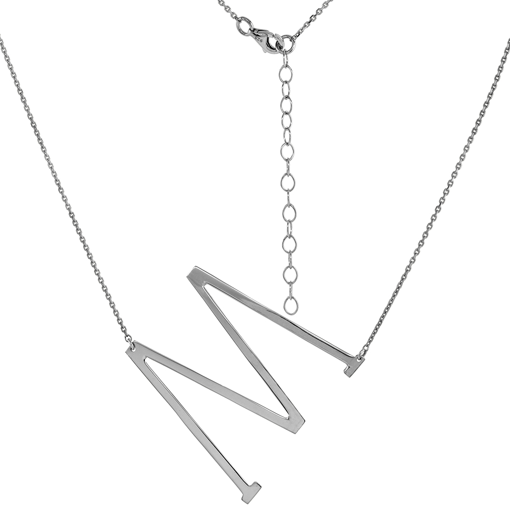 1 1/2 INCH STERLING SILVER SIDEWAYS INITIAL M NECKLACE FOR WOMEN BLOCK LETTER RHODIUM FINISH 18-20 INCH