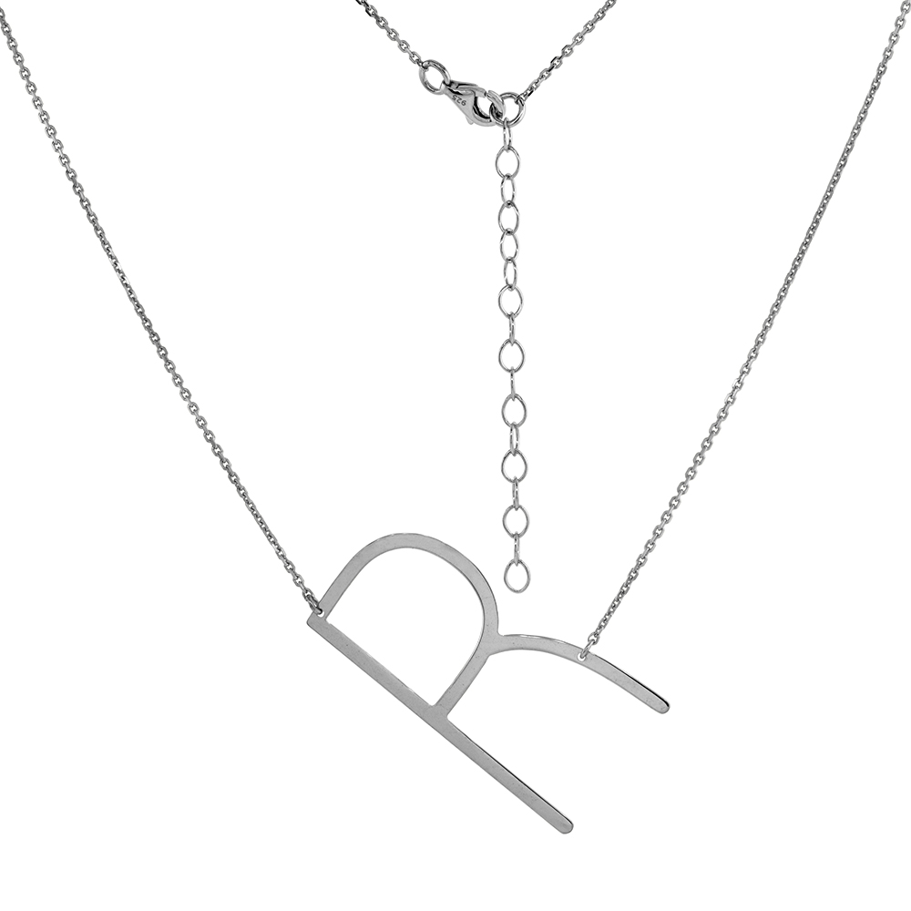 1 1/2 INCH STERLING SILVER SIDEWAYS INITIAL R NECKLACE FOR WOMEN BLOCK LETTER RHODIUM FINISH 18-20 INCH