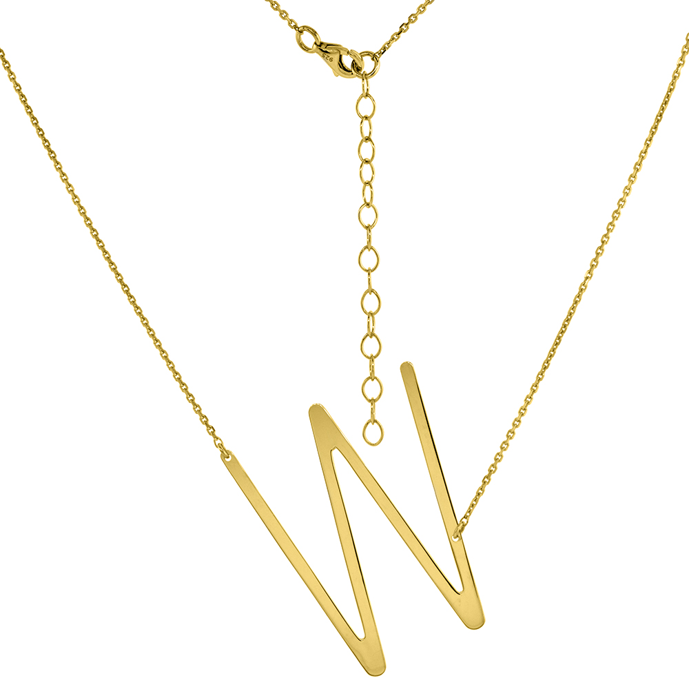 1 1/2 INCH GOLD PLATED STERLING SILVER SIDEWAYS INITIAL W NECKLACE FOR WOMEN BLOCK LETTER 18-20 INCH