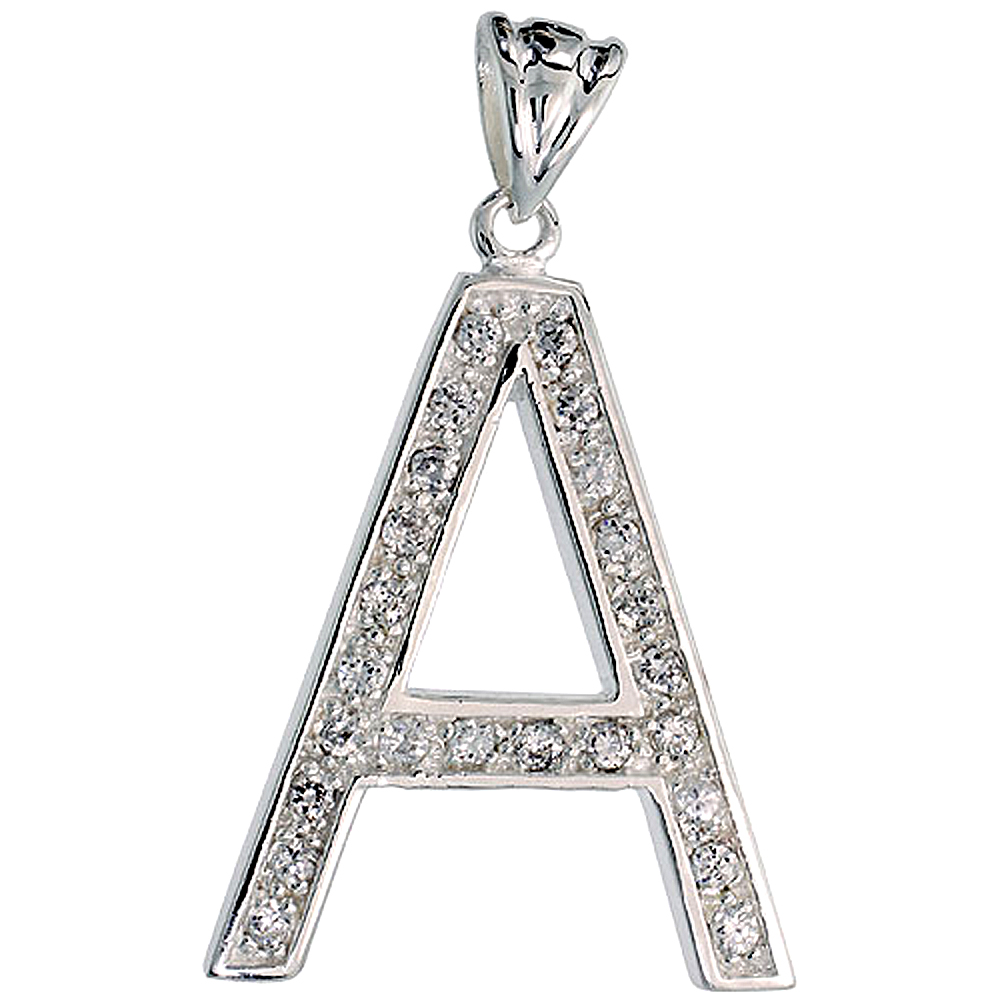 Sterling Silver Cubic Zirconia Block Initial Letter A Alphabet Pendant Large 1 5/8 inch