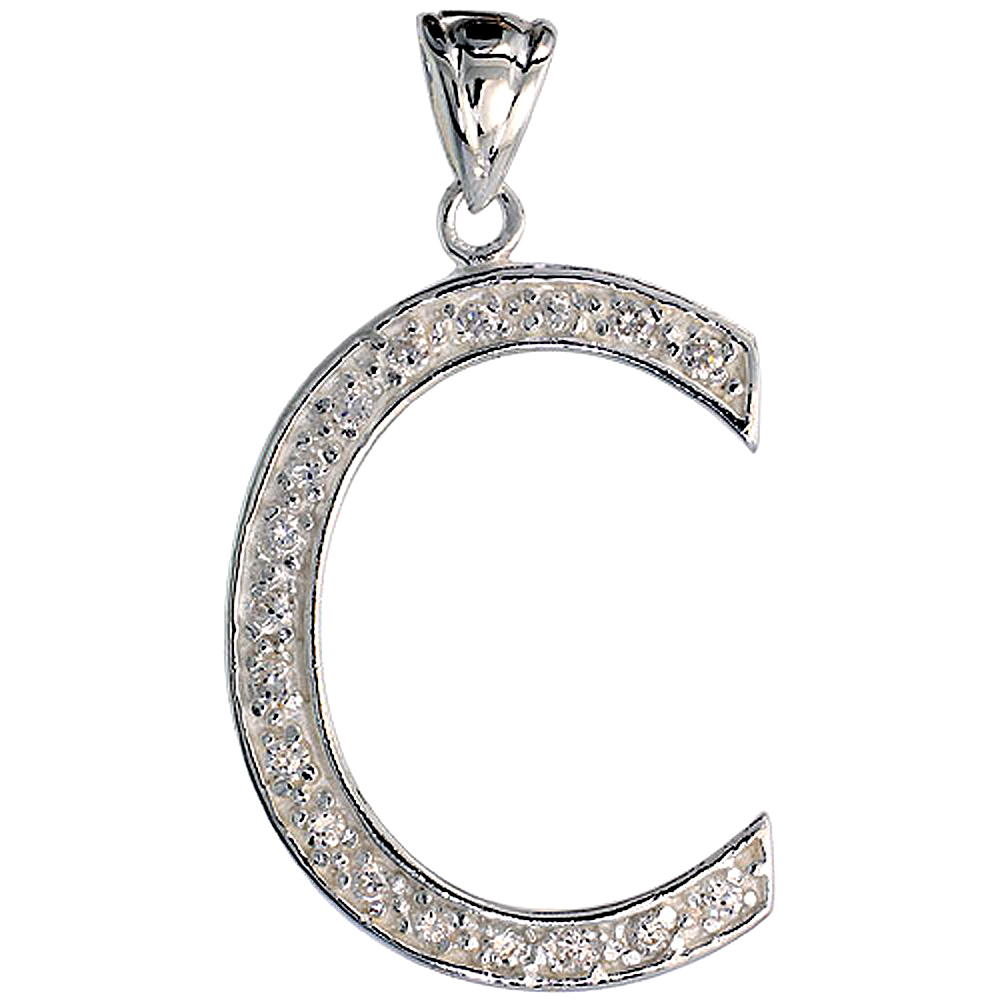 Sterling Silver Cubic Zirconia Block Initial Letter C Alphabet Pendant Large 1 5/8 inch