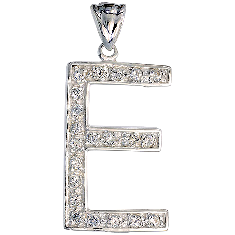 Sterling Silver Cubic Zirconia Block Initial Letter E Alphabet Pendant Large 1 5/8 inch