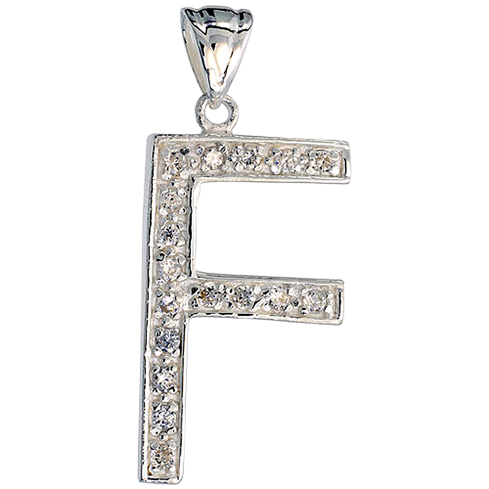 Sterling Silver Cubic Zirconia Block Initial Letter F Alphabet Pendant Large 1 5/8 inch