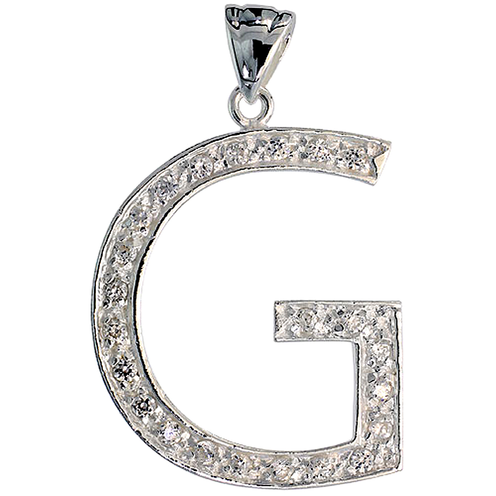 Sterling Silver Cubic Zirconia Block Initial Letter G Alphabet Pendant Large 1 5/8 inch