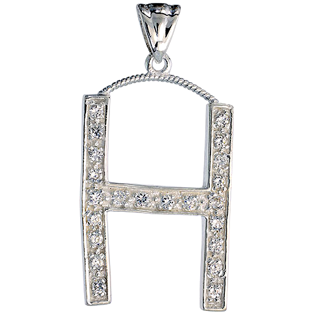 Sterling Silver Cubic Zirconia Block Initial Letter H Alphabet Pendant Large 1 5/8 inch