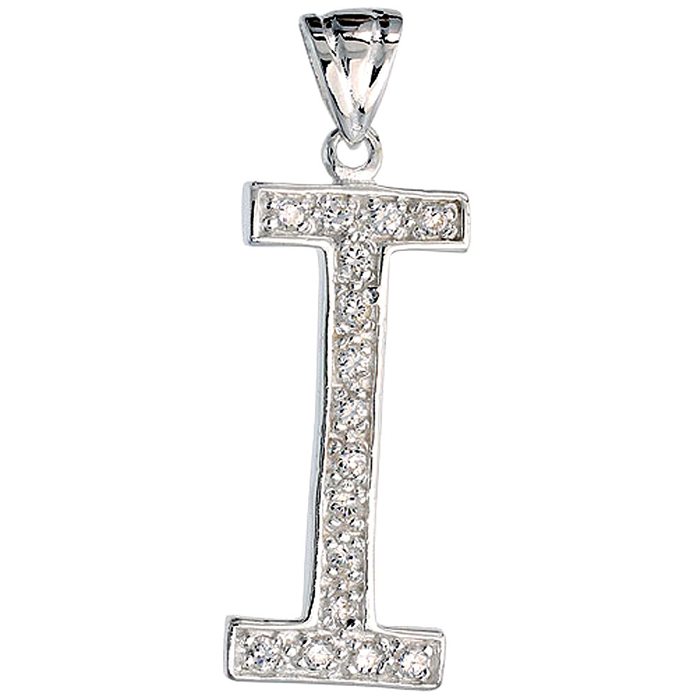 Sterling Silver Cubic Zirconia Block Initial Letter I Alphabet Pendant Large 1 5/8 inch