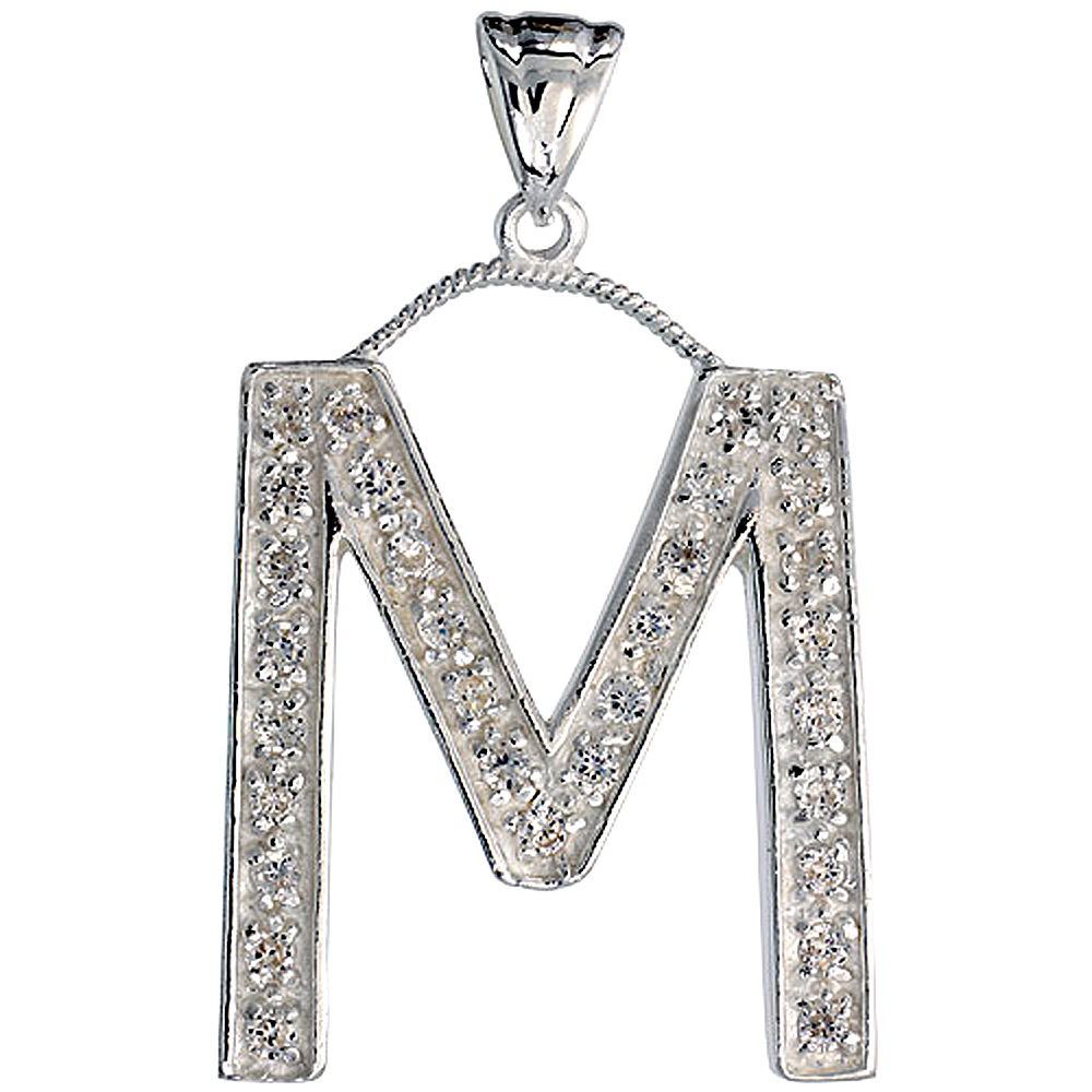 Sterling Silver Cubic Zirconia Block Initial Letter M Alphabet Pendant Large 1 5/8 inch