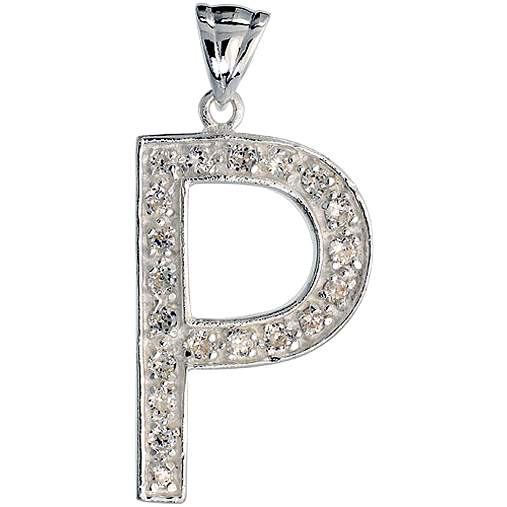 Sterling Silver Cubic Zirconia Block Initial Letter P Alphabet Pendant Large 1 5/8 inch
