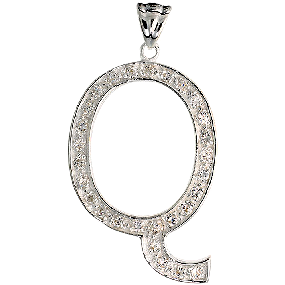 Sterling Silver Cubic Zirconia Block Initial Letter Q Alphabet Pendant Large 1 5/8 inch
