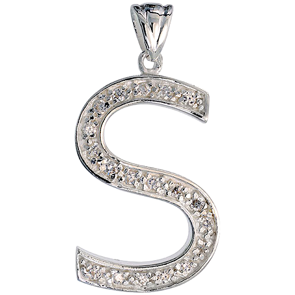 Sterling Silver Cubic Zirconia Block Initial Letter S Alphabet Pendant Large 1 5/8 inch