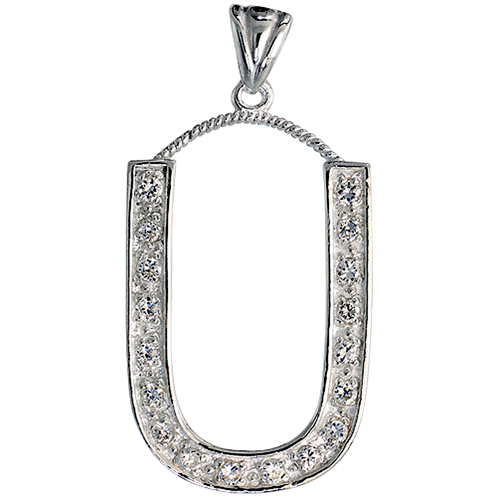 Sterling Silver Cubic Zirconia Block Initial Letter U Alphabet Pendant Large 1 5/8 inch