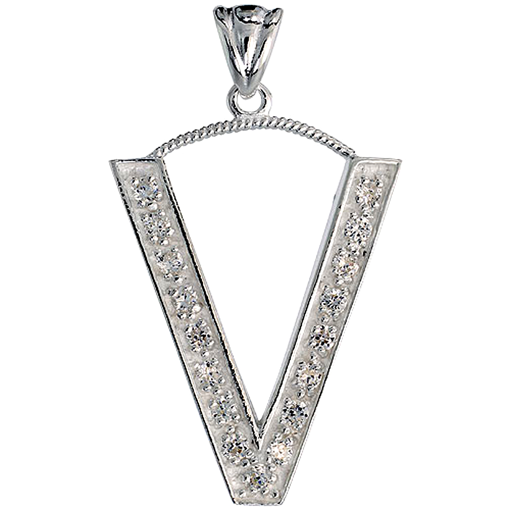 Sterling Silver Cubic Zirconia Block Initial Letter V Alphabet Pendant Large 1 5/8 inch
