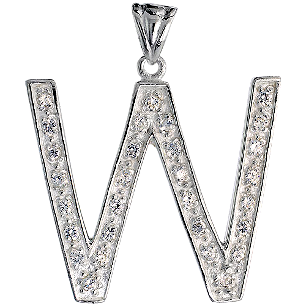 Sterling Silver Cubic Zirconia Block Initial Letter W Alphabet Pendant Large 1 5/8 inch