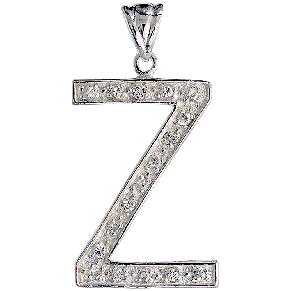 Sterling Silver Cubic Zirconia Block Initial Letter Z Alphabet Pendant Large 1 5/8 inch
