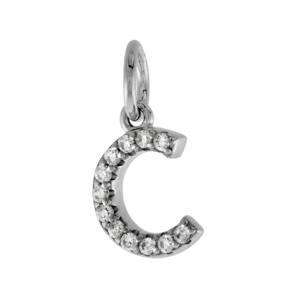 VERY TINY STERLING SILVER CZ BLOCK INITIAL C PENDANT FOR WOMEN RHODIUM FINISH 1/4 INCH TALL