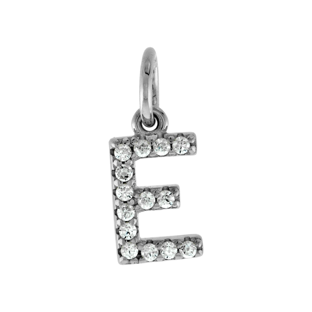 VERY TINY STERLING SILVER CZ BLOCK INITIAL E PENDANT FOR WOMEN RHODIUM FINISH 1/4 INCH TALL