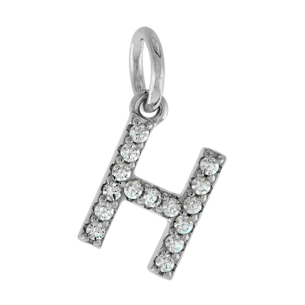 VERY TINY STERLING SILVER CZ BLOCK INITIAL H PENDANT FOR WOMEN RHODIUM FINISH 1/4 INCH TALL