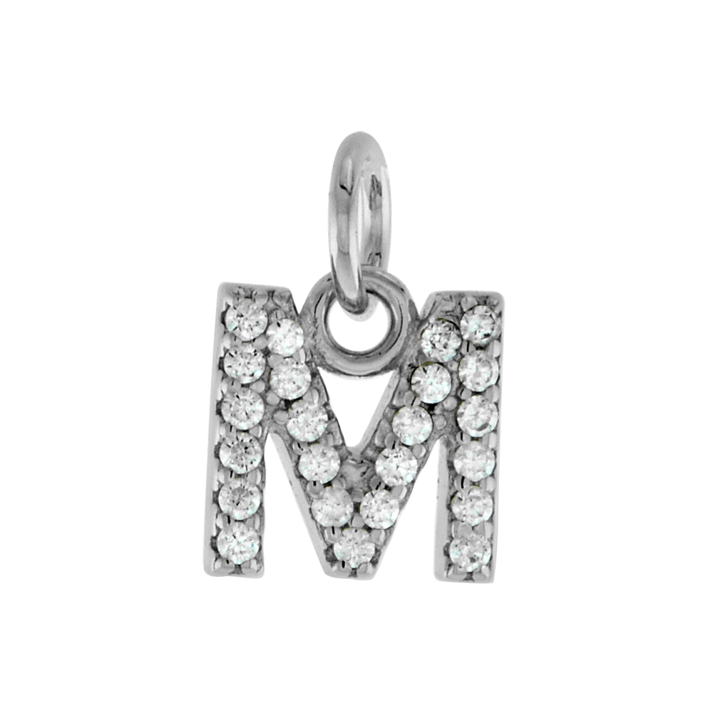 VERY TINY STERLING SILVER CZ BLOCK INITIAL M PENDANT FOR WOMEN RHODIUM FINISH 1/4 INCH TALL