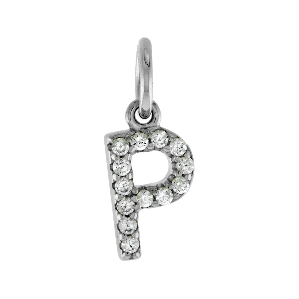 VERY TINY STERLING SILVER CZ BLOCK INITIAL P PENDANT FOR WOMEN RHODIUM FINISH 1/4 INCH TALL