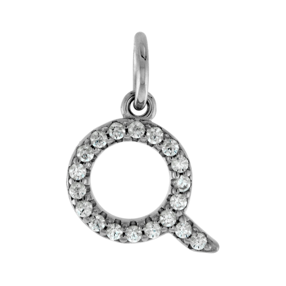 VERY TINY STERLING SILVER CZ BLOCK INITIAL Q PENDANT FOR WOMEN RHODIUM FINISH 1/4 INCH TALL