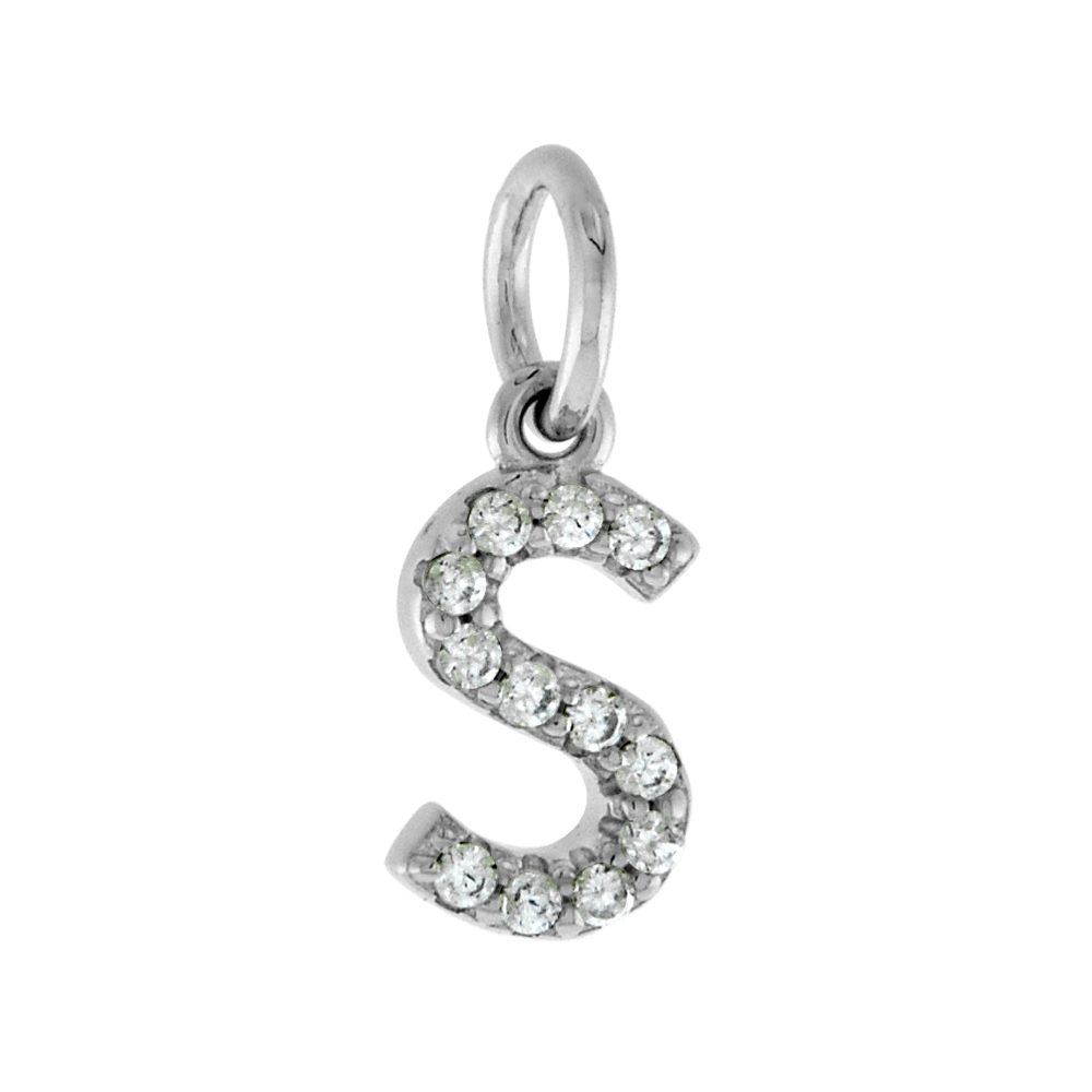 VERY TINY STERLING SILVER CZ BLOCK INITIAL S PENDANT FOR WOMEN RHODIUM FINISH 1/4 INCH TALL