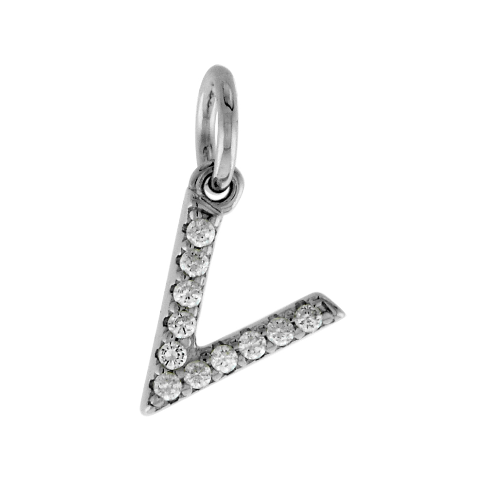 VERY TINY STERLING SILVER CZ BLOCK INITIAL V PENDANT FOR WOMEN RHODIUM FINISH 1/4 INCH TALL