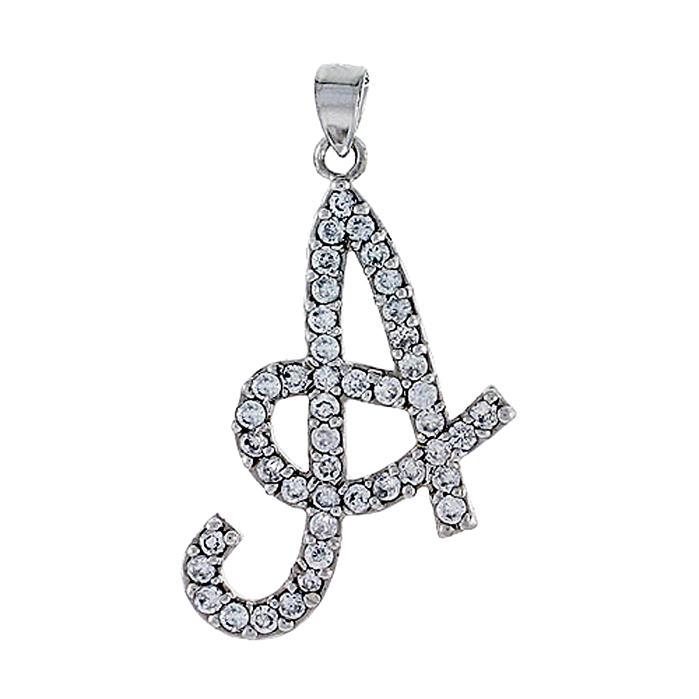 STERLING SILVER SCRIPT INITIAL LETTER A ALPHABET PENDANT WITH CUBIC ZIRCONIA STONES 1 3/8 INCH HIGH
