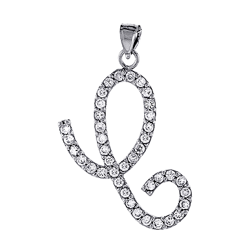 STERLING SILVER SCRIPT INITIAL LETTER C ALPHABET PENDANT WITH CUBIC ZIRCONIA STONES 1 3/8 INCH HIGH