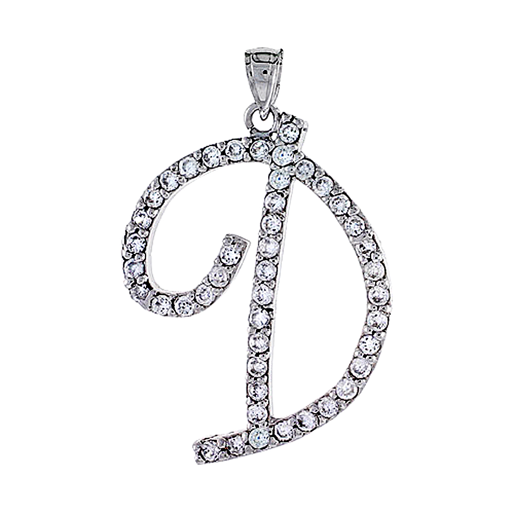 STERLING SILVER SCRIPT INITIAL LETTER D ALPHABET PENDANT WITH CUBIC ZIRCONIA STONES 1 3/8 INCH HIGH