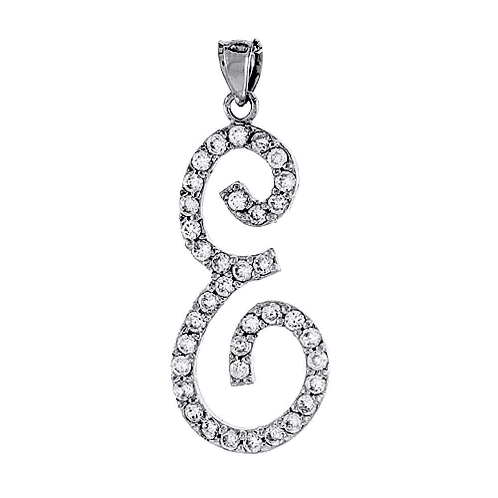STERLING SILVER SCRIPT INITIAL LETTER E ALPHABET PENDANT WITH CUBIC ZIRCONIA STONES 1 3/8 INCH HIGH