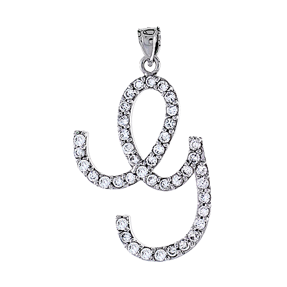 STERLING SILVER SCRIPT INITIAL LETTER G ALPHABET PENDANT WITH CUBIC ZIRCONIA STONES 1 3/8 INCH HIGH