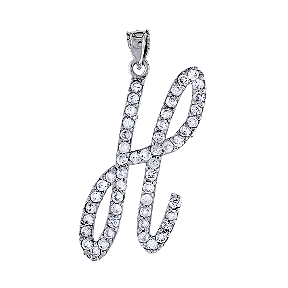 Sterling Silver Script Initial Letter H Alphabet Pendant with Cubic Zirconia Stones 1 3/8 inch high
