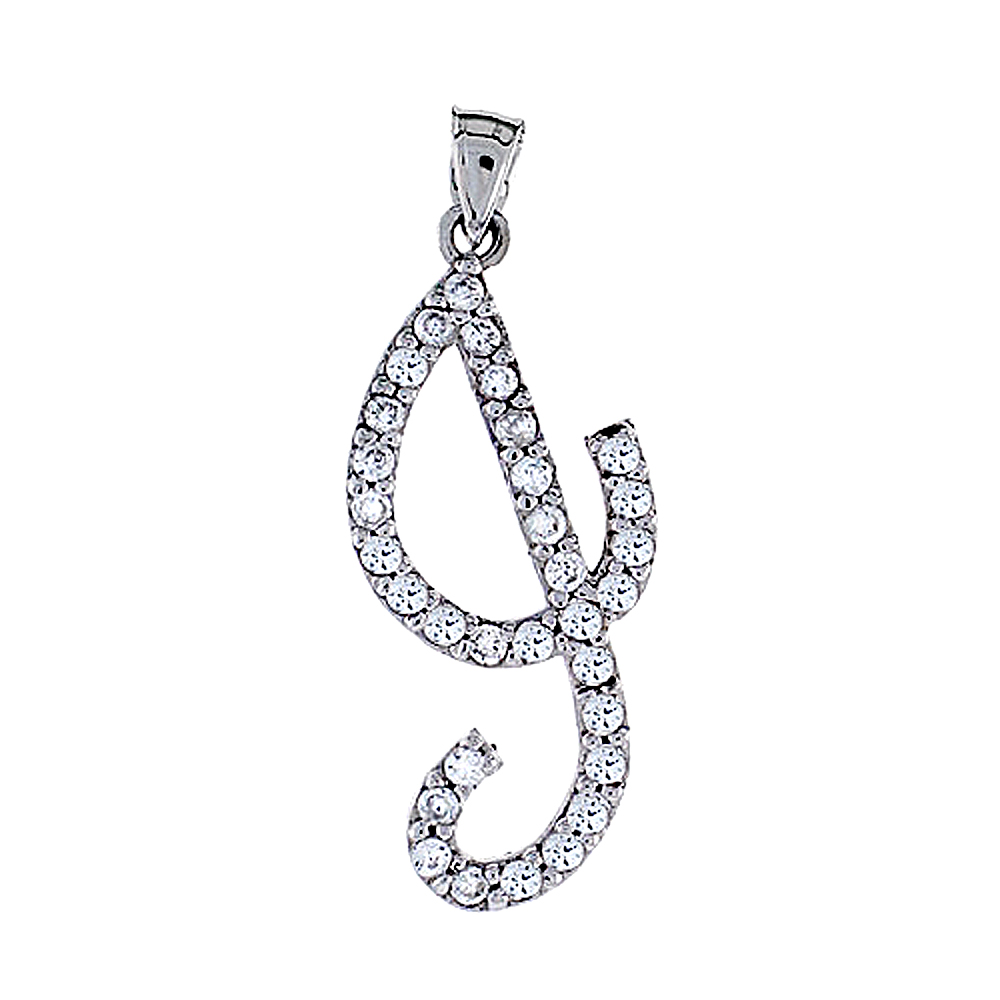 Sterling Silver Script Initial Letter I Alphabet Pendant with Cubic Zirconia Stones 1 3/8 inch high