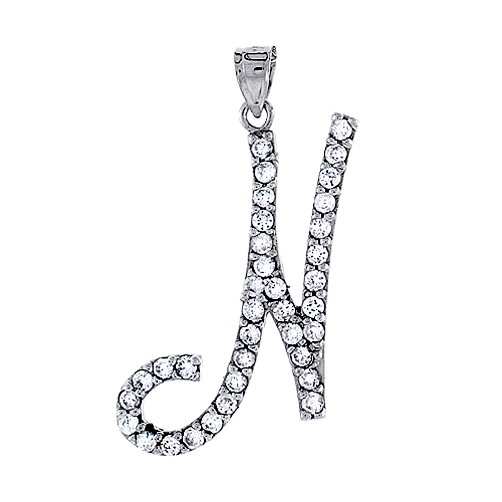 STERLING SILVER SCRIPT INITIAL LETTER N ALPHABET PENDANT WITH CUBIC ZIRCONIA STONES 1 3/8 INCH HIGH