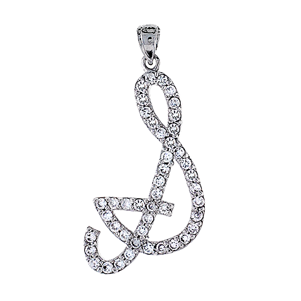 STERLING SILVER SCRIPT INITIAL LETTER S ALPHABET PENDANT WITH CUBIC ZIRCONIA STONES 1 3/8 INCH HIGH