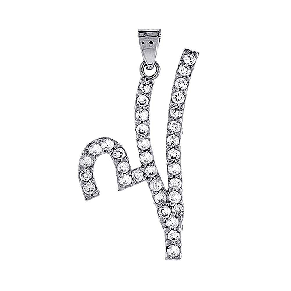 Sterling Silver Script Initial Letter V Alphabet Pendant with Cubic Zirconia Stones 1 3/8 inch high